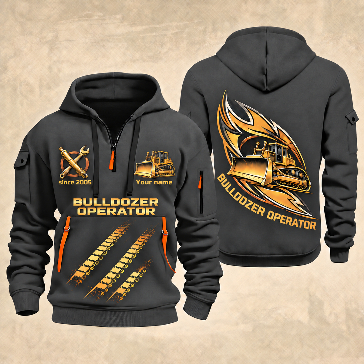 Bulldozer Operator Flow of Craft Quarter-Zip Hoodie in Gray, front and back views with tracked bulldozer and broad front blade, sweeping gold and cream emblem, three diagonal track prints, and Your name and since 2005 sample text