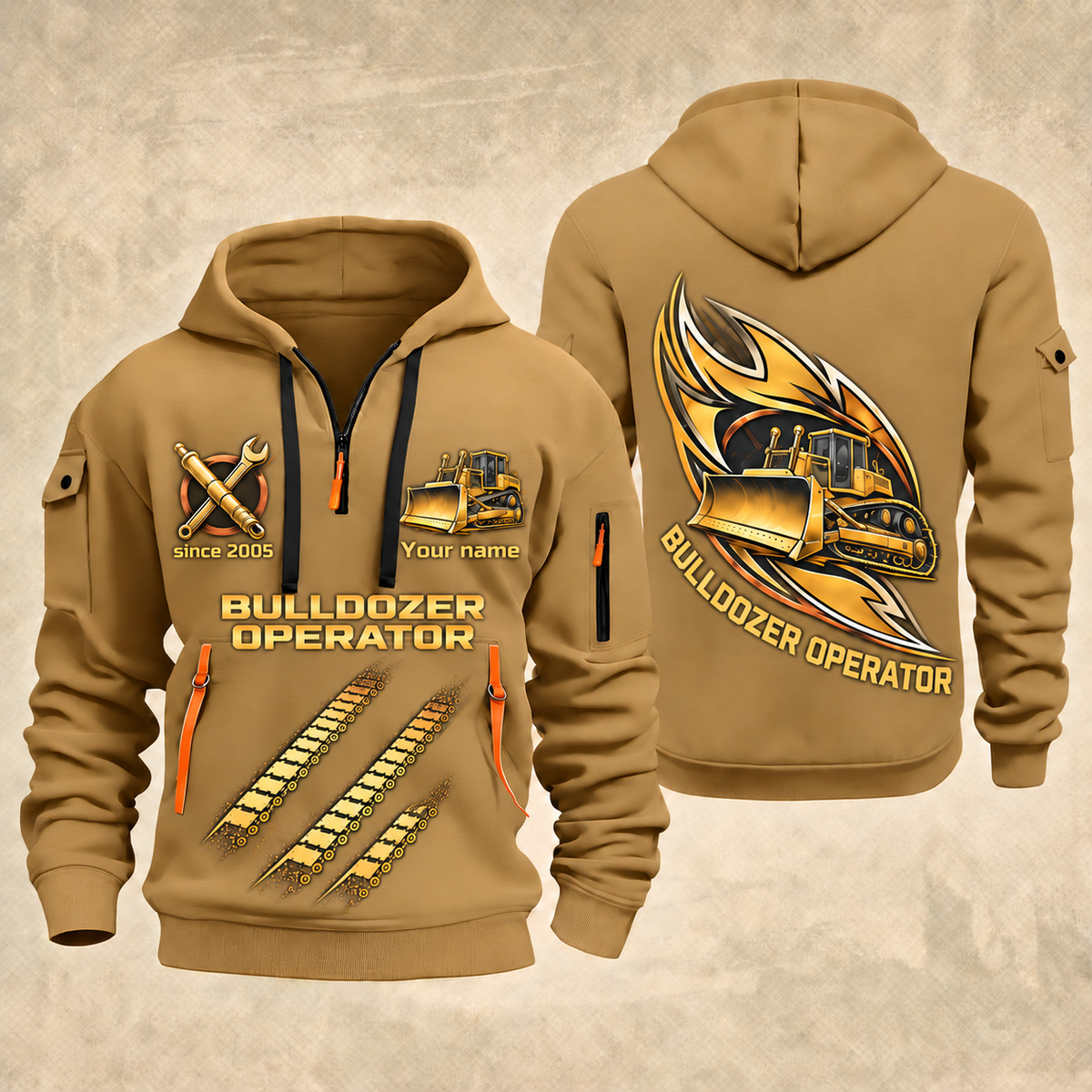 Bulldozer Operator Flow of Craft Quarter-Zip Hoodie in Khaki, front and back views with tracked bulldozer and broad front blade, sweeping gold and cream emblem, three diagonal track prints, and Your name and since 2005 sample text