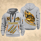 Bulldozer Operator Flow of Craft Quarter-Zip Hoodie in Light Grey, front and back views with tracked bulldozer and broad front blade, sweeping gold and cream emblem, three diagonal track prints, and Your name and since 2005 sample text