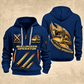 Bulldozer Operator Flow of Craft Quarter-Zip Hoodie in Navy, front and back views with tracked bulldozer and broad front blade, sweeping gold and cream emblem, three diagonal track prints, and Your name and since 2005 sample text