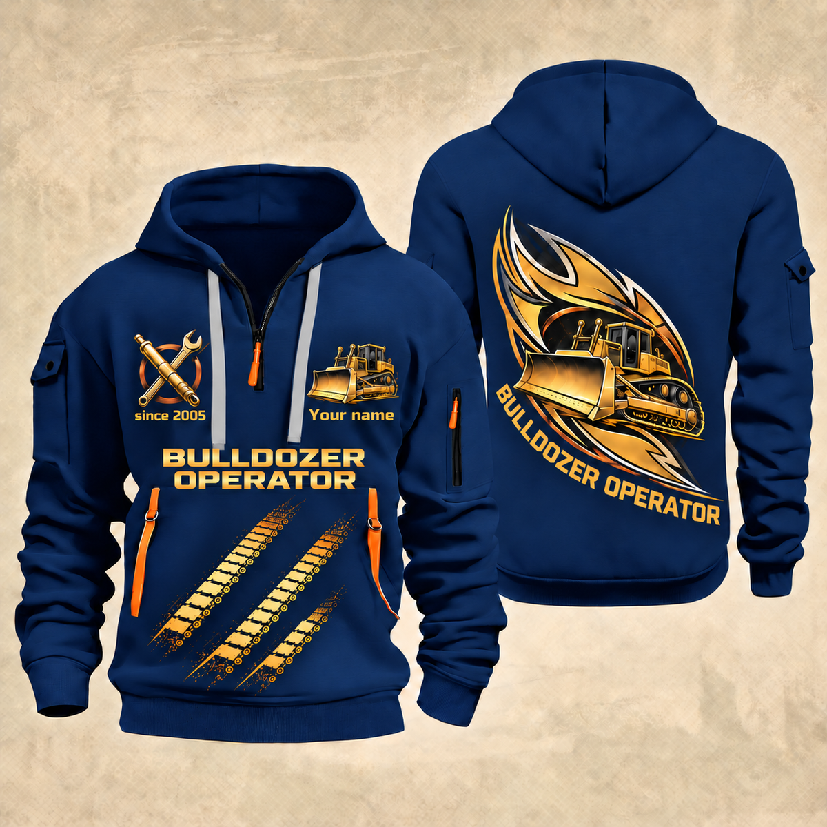 Bulldozer Operator Flow of Craft Quarter-Zip Hoodie in Navy, front and back views with tracked bulldozer and broad front blade, sweeping gold and cream emblem, three diagonal track prints, and Your name and since 2005 sample text