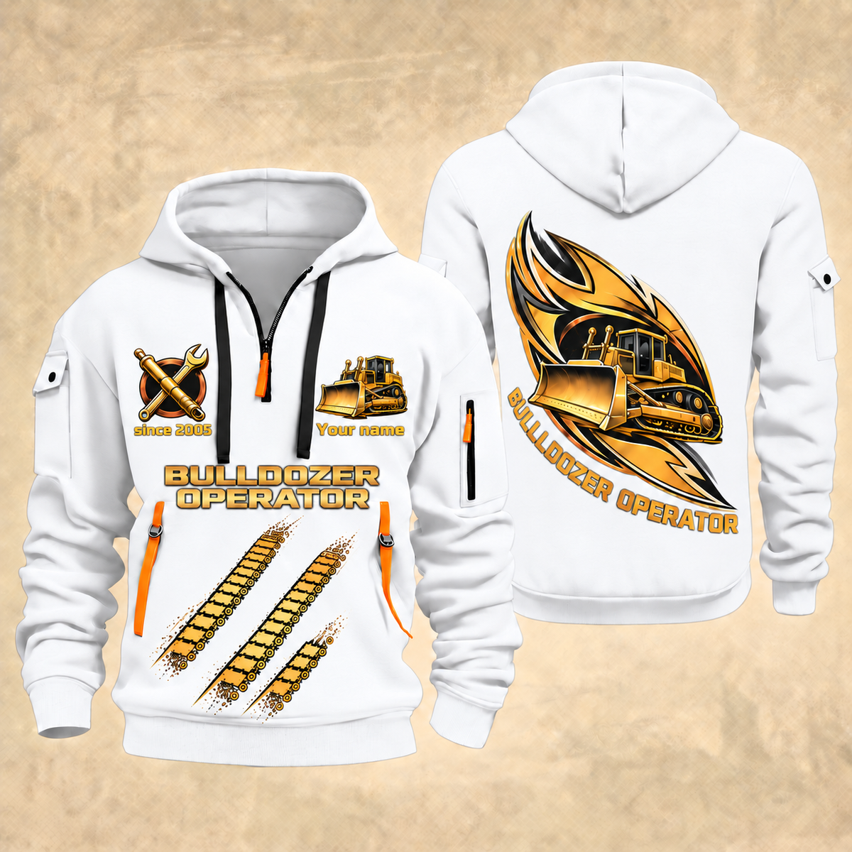 Bulldozer Operator Flow of Craft Quarter-Zip Hoodie in White, front and back views with tracked bulldozer and broad front blade, sweeping gold and cream emblem, three diagonal track prints, and Your name and since 2005 sample text