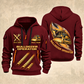 Bulldozer Operator Flow of Craft Quarter-Zip Hoodie in Wine Red, front and back views with tracked bulldozer and broad front blade, sweeping gold and cream emblem, three diagonal track prints, and Your name and since 2005 sample text