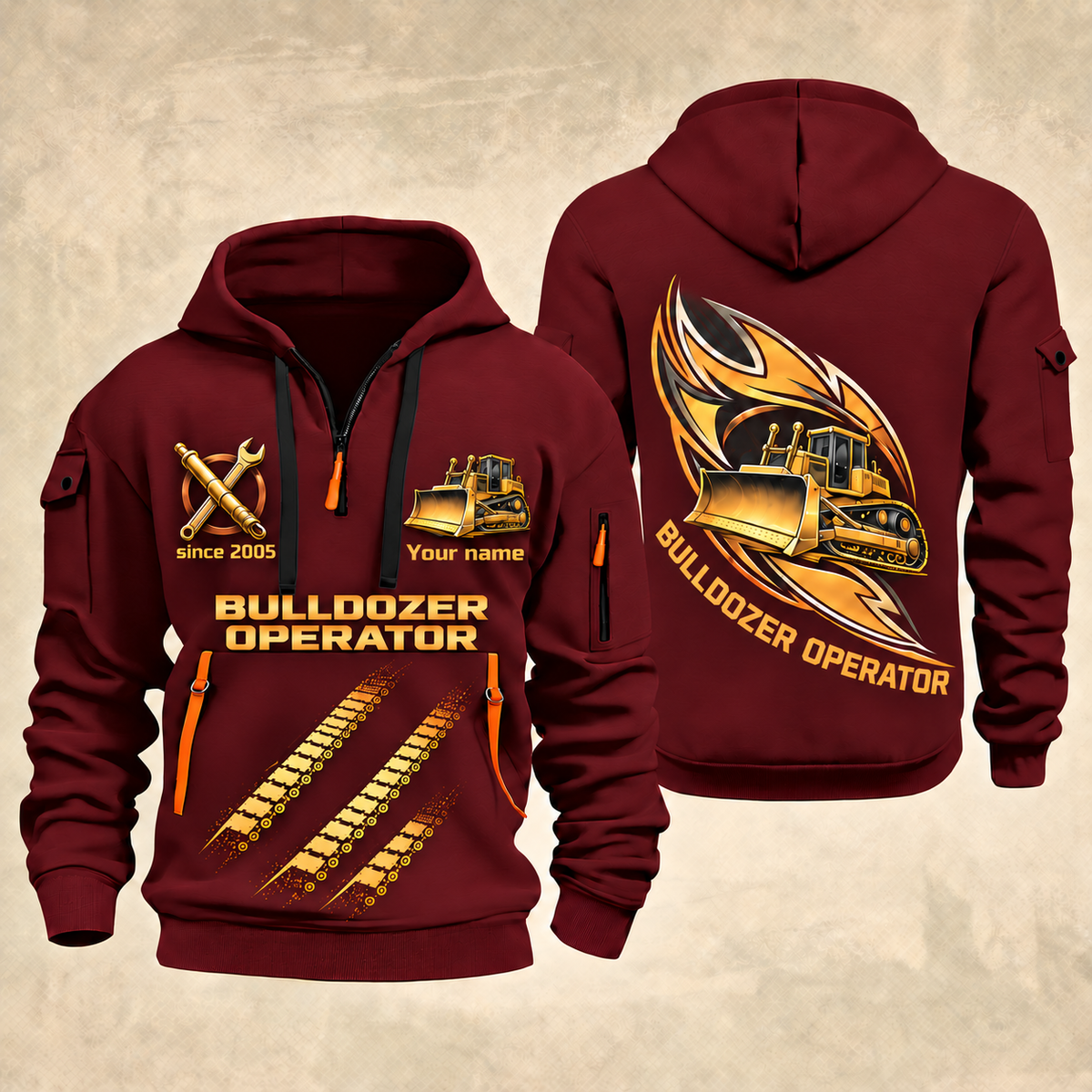 Bulldozer Operator Flow of Craft Quarter-Zip Hoodie in Wine Red, front and back views with tracked bulldozer and broad front blade, sweeping gold and cream emblem, three diagonal track prints, and Your name and since 2005 sample text