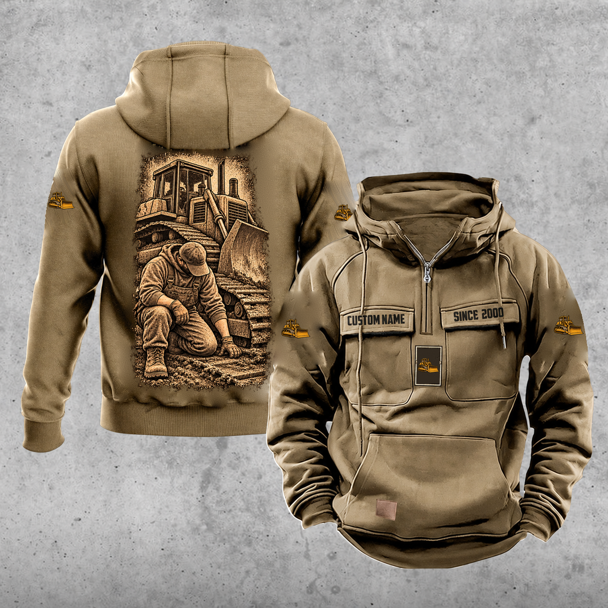 Bulldozer Operator Daily Commitment Vintage Hoodie in Kaki, source-faithful front and back views with kneeling operator and tracked dozer portrait, matching sleeve and chest badges, and illustrative CUSTOM NAME and SINCE 2000 samples.