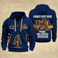 Bulldozer Operator Earned Every Grade Quarter-Zip Hoodie in Navy, front and back views, with work boots, tracked bulldozer and maintenance-tool artwork
