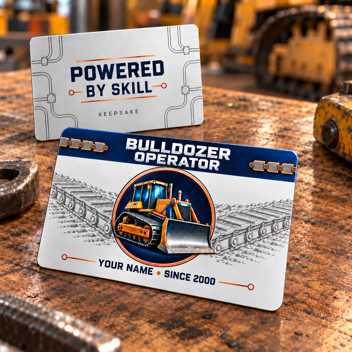 Bulldozer Operator Everyday Dedication Aluminum Wallet Card – product view with CUSTOM NAME and SINCE 2000