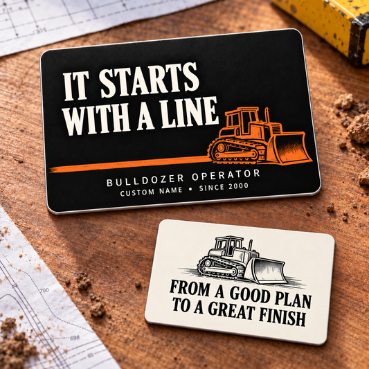 Bulldozer Operator First Line Aluminum Wallet Card – product view with CUSTOM NAME and SINCE 2000