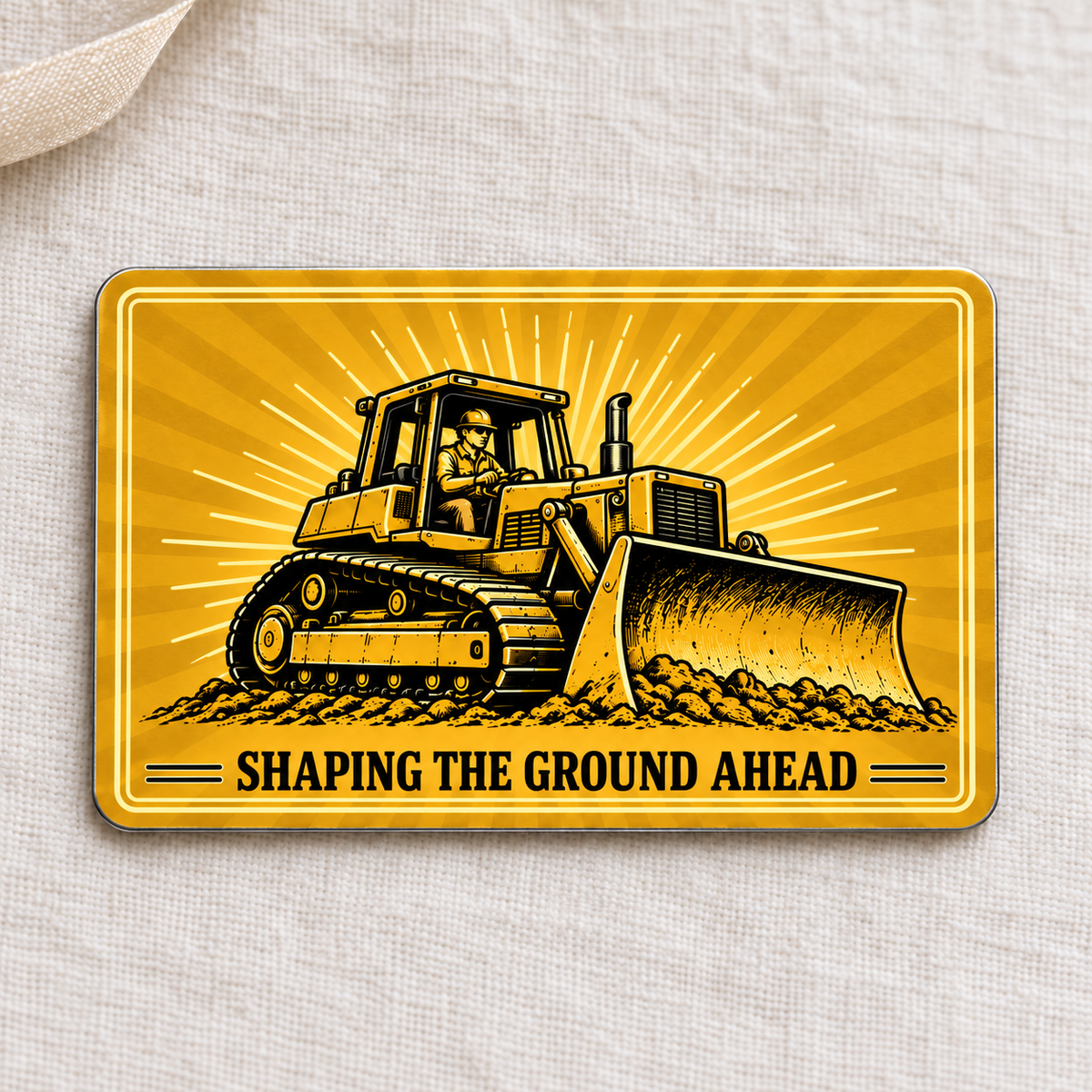 Reverse of the Bulldozer Operator Golden Milestone aluminum wallet card, with a tracked bulldozer and the message SHAPING THE GROUND AHEAD on a golden sunburst, resting on cream linen.