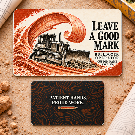 Bulldozer Operator Aluminum Wallet Card – Leave a Good Mark – product view with CUSTOM NAME and SINCE 2000