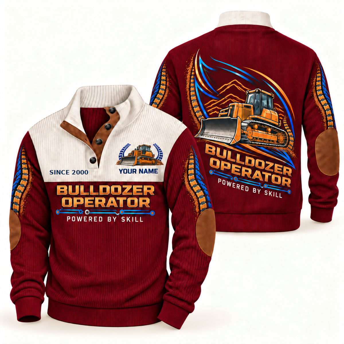 Bulldozer Operator Heritage Collar Sports Sweatshirt in Jujube Red, front and back views with a tracked broad-blade bulldozer, crawler-tread edging and earthwork contours, cream collar and Powered by Skill lettering; visible custom-name and SINCE 2000 sample text on the garment.