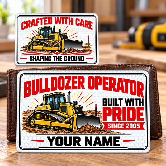 Front and reverse of the Bulldozer Operator Honeycomb Pride aluminum wallet card, with yellow tracked bulldozers, white honeycomb, black double borders and red trade-pride lettering; illustrative YOUR NAME and SINCE 2005 text.