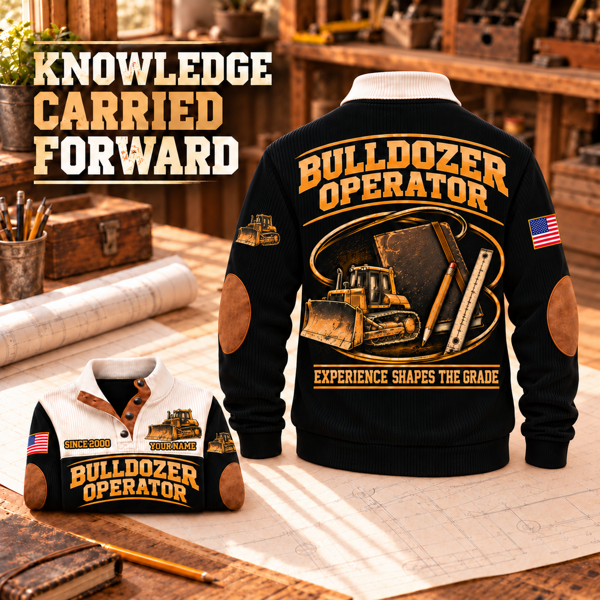 Bulldozer Operator Knowledge Carried Forward Sports Sweatshirt in Black, with tracked bulldozer, field notebook, pencil and grade ruler; Experience Shapes the Grade lettering, dominant back and folded front on a warm drafting table