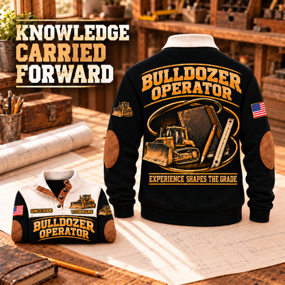 Bulldozer Operator Knowledge Carried Forward Sports Sweatshirt in Black, with tracked bulldozer, field notebook, pencil and grade ruler; Experience Shapes the Grade lettering, dominant back and folded front on a warm drafting table