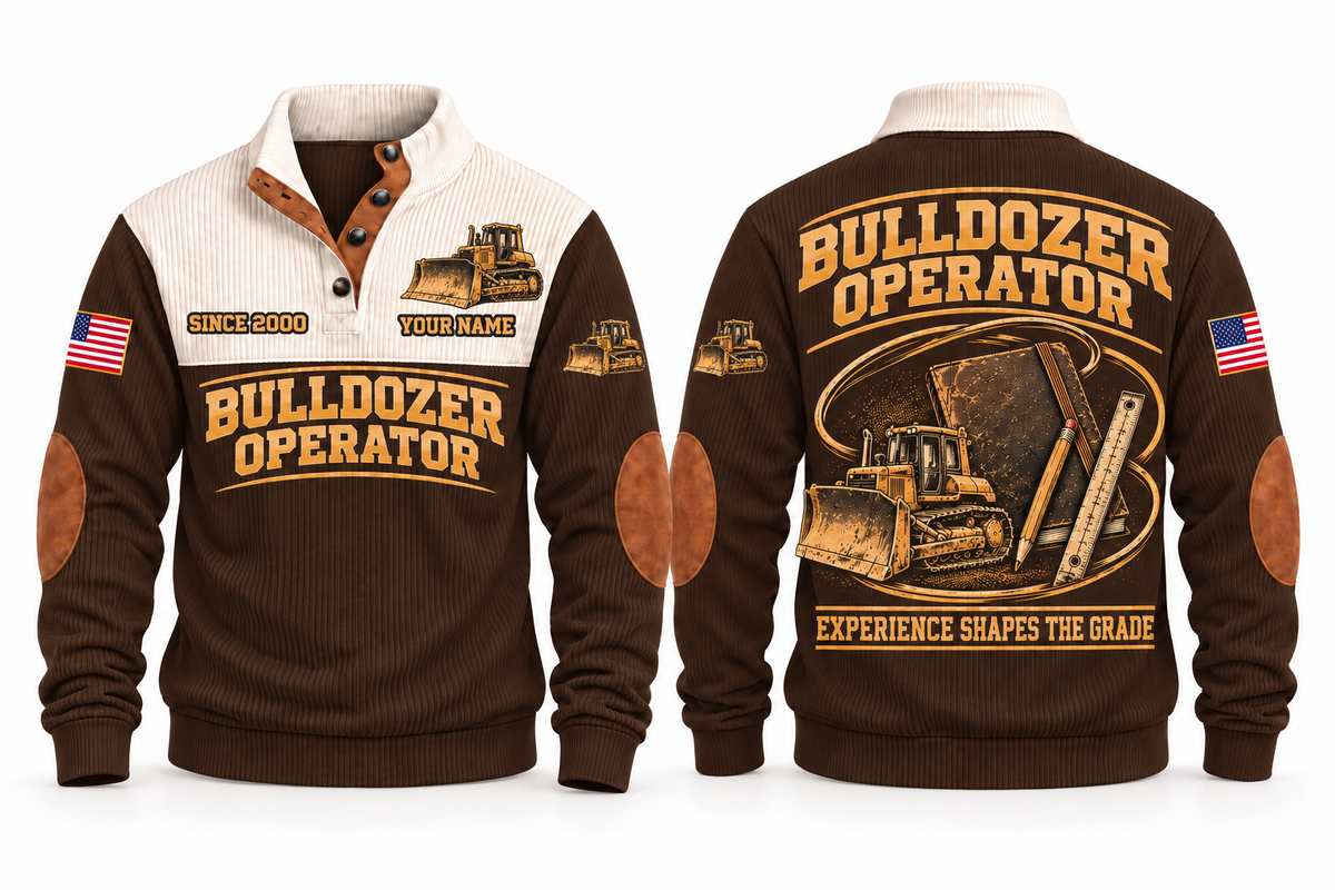 Bulldozer Operator Knowledge Carried Forward Sports Sweatshirt in Brown, front and back with tracked bulldozer, field notebook, pencil and grade ruler; Experience Shapes the Grade lettering