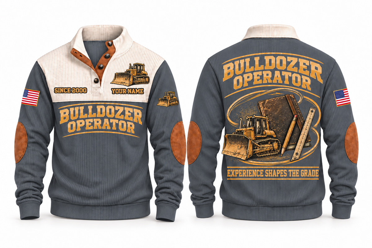 Bulldozer Operator Knowledge Carried Forward Sports Sweatshirt in Grey, front and back with tracked bulldozer, field notebook, pencil and grade ruler; Experience Shapes the Grade lettering