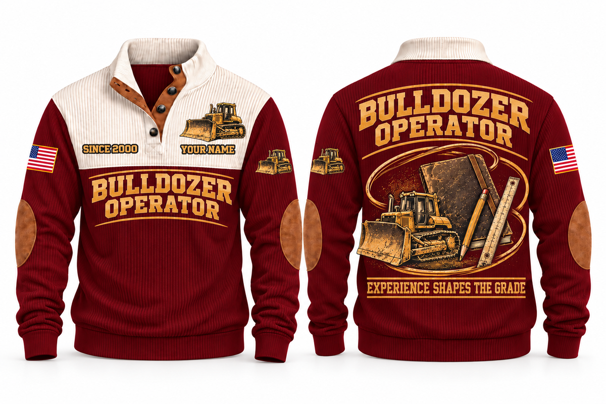 Bulldozer Operator Knowledge Carried Forward Sports Sweatshirt in Jujube Red, front and back with tracked bulldozer, field notebook, pencil and grade ruler; Experience Shapes the Grade lettering