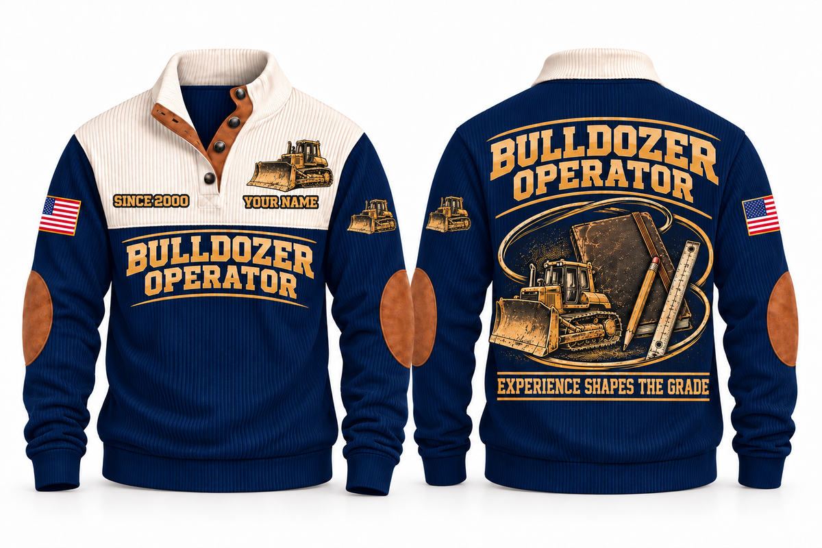Bulldozer Operator Knowledge Carried Forward Sports Sweatshirt in Navy, front and back with tracked bulldozer, field notebook, pencil and grade ruler; Experience Shapes the Grade lettering