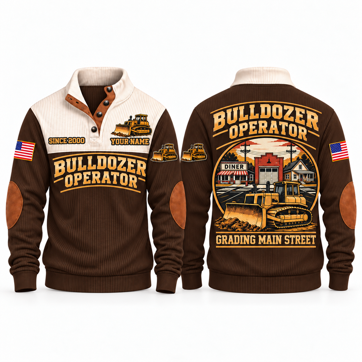 Bulldozer Operator Main Street Grade Sports Sweatshirt in Brown, front and back views with tracked bulldozer artwork and Grading Main Street lettering