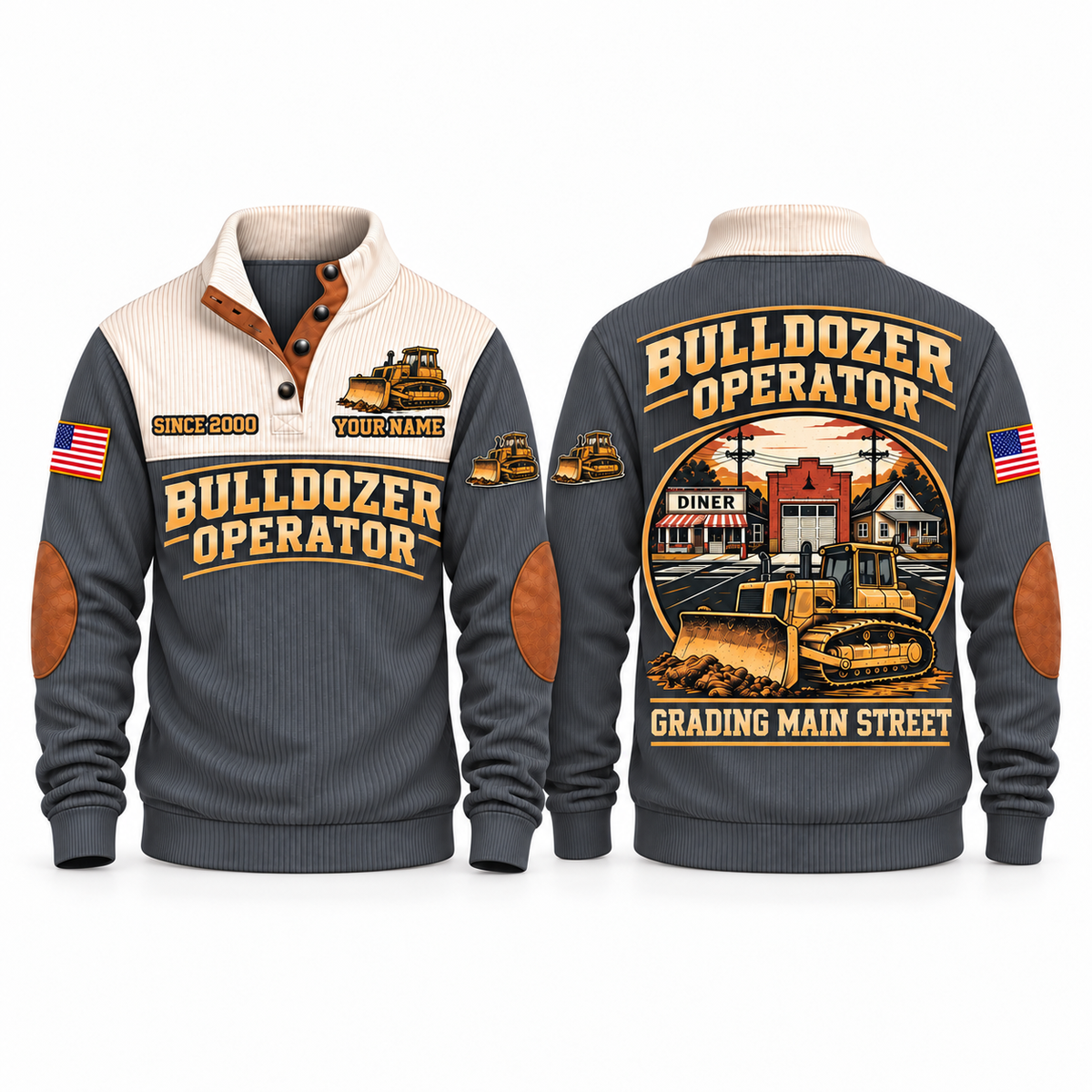 Bulldozer Operator Main Street Grade Sports Sweatshirt in Grey, front and back views with tracked bulldozer artwork and Grading Main Street lettering