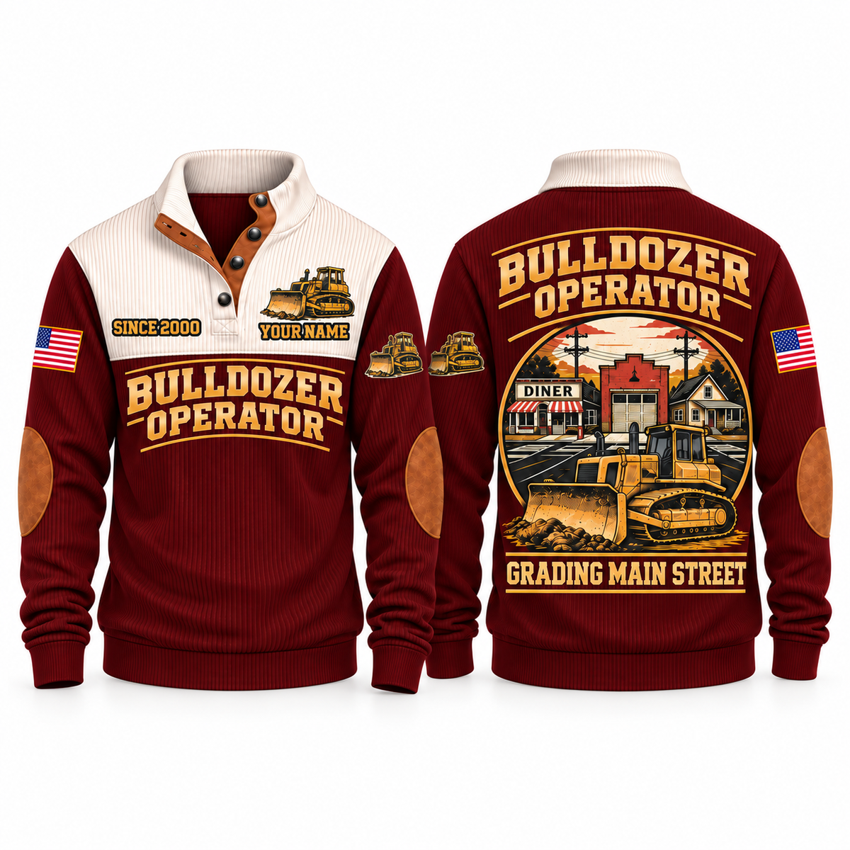 Bulldozer Operator Main Street Grade Sports Sweatshirt in Jujube Red, front and back views with tracked bulldozer artwork and Grading Main Street lettering