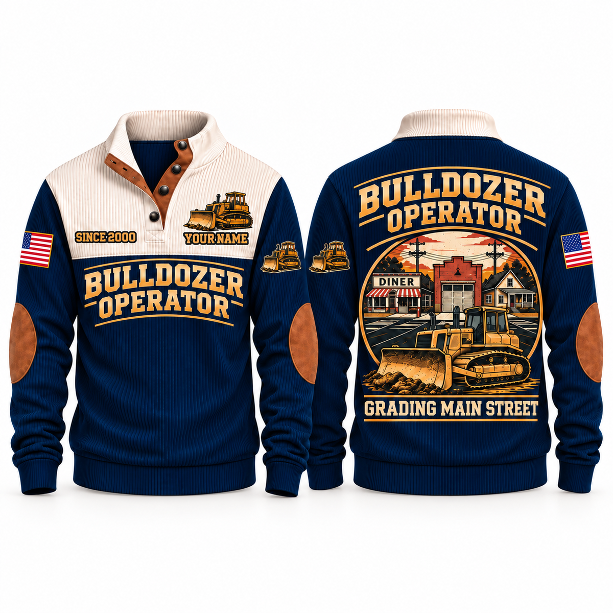 Bulldozer Operator Main Street Grade Sports Sweatshirt in Navy, front and back views with tracked bulldozer artwork and Grading Main Street lettering