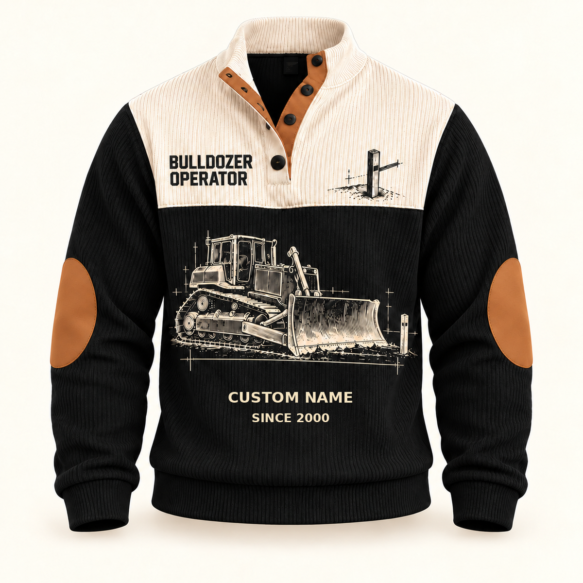 Bulldozer Operator Grade Setter Sports Sweatshirt in Black, front view on an ivory background, cream technical engraving of a tracked bulldozer with broad front blade, grade stake and drafting marks; fixed artwork; visible custom-name and SINCE 2000 sample text on the garment.