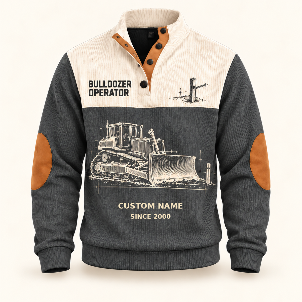 Bulldozer Operator Grade Setter Sports Sweatshirt in Grey, front view on an ivory background, cream technical engraving of a tracked bulldozer with broad front blade, grade stake and drafting marks; fixed artwork; visible custom-name and SINCE 2000 sample text on the garment.