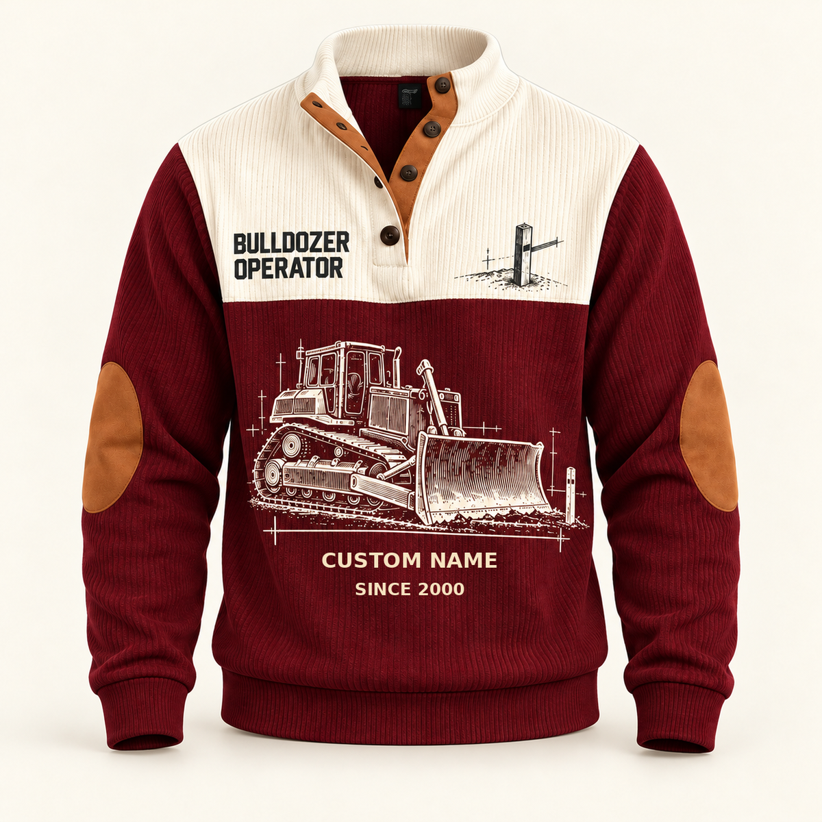 Bulldozer Operator Grade Setter Sports Sweatshirt in Jujube Red, front view on an ivory background, cream technical engraving of a tracked bulldozer with broad front blade, grade stake and drafting marks; fixed artwork; visible custom-name and SINCE 2000 sample text on the garment.