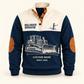 Bulldozer Operator Grade Setter Sports Sweatshirt in Navy, front view on an ivory background, cream technical engraving of a tracked bulldozer with broad front blade, grade stake and drafting marks; fixed artwork; visible custom-name and SINCE 2000 sample text on the garment.