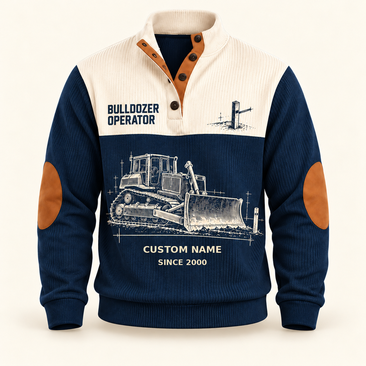 Bulldozer Operator Grade Setter Sports Sweatshirt in Navy, front view on an ivory background, cream technical engraving of a tracked bulldozer with broad front blade, grade stake and drafting marks; fixed artwork; visible custom-name and SINCE 2000 sample text on the garment.