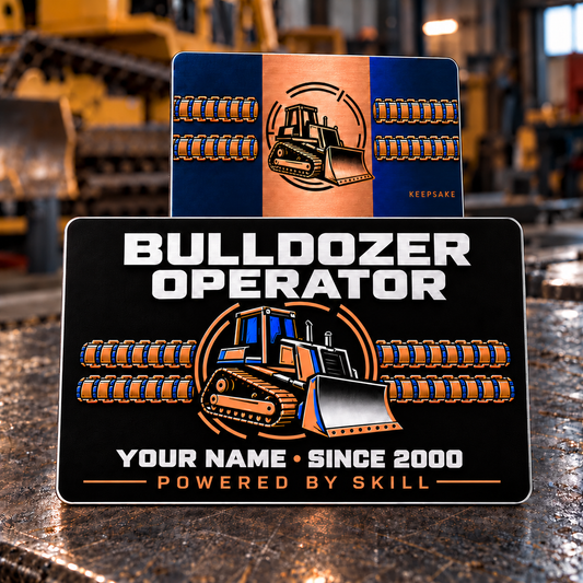 Bulldozer Operator Midnight Copper Stripe Aluminum Wallet Card – product view with CUSTOM NAME and SINCE 2000