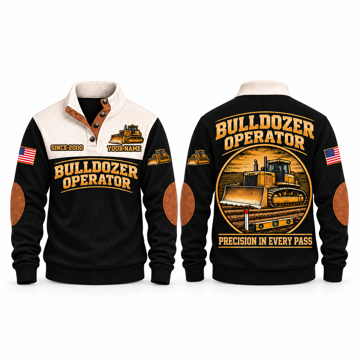 Bulldozer Operator Precision Grade Sports Sweatshirt in Black, front and back with broad-blade tracked dozer, grade stake, spirit level and Precision in Every Pass lettering