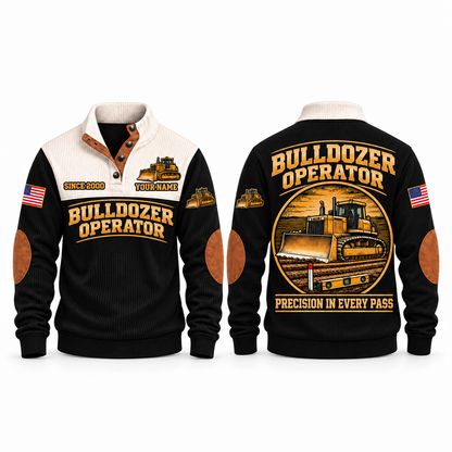 Bulldozer Operator Precision Grade Sports Sweatshirt in Black, front and back with broad-blade tracked dozer, grade stake, spirit level and Precision in Every Pass lettering