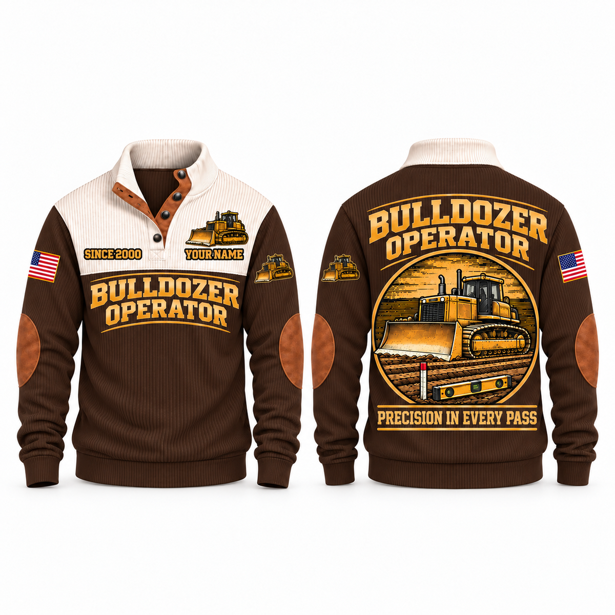 Bulldozer Operator Precision Grade Sports Sweatshirt in Brown, front and back with broad-blade tracked dozer, grade stake, spirit level and Precision in Every Pass lettering