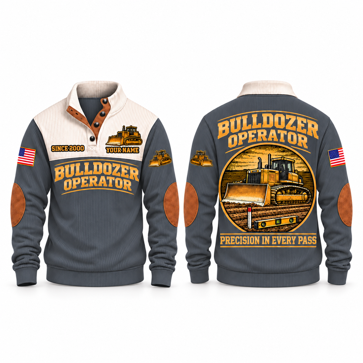 Bulldozer Operator Precision Grade Sports Sweatshirt in Grey, front and back with broad-blade tracked dozer, grade stake, spirit level and Precision in Every Pass lettering