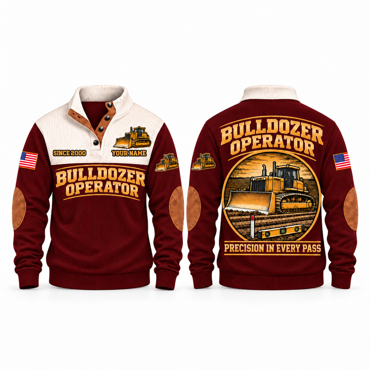 Bulldozer Operator Precision Grade Sports Sweatshirt in Jujube Red, front and back with broad-blade tracked dozer, grade stake, spirit level and Precision in Every Pass lettering