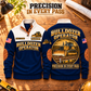 Bulldozer Operator Precision Grade Sports Sweatshirt in Navy, front and back with broad-blade tracked dozer, grade stake, spirit level and Precision in Every Pass lettering, on a warm wooden worktable