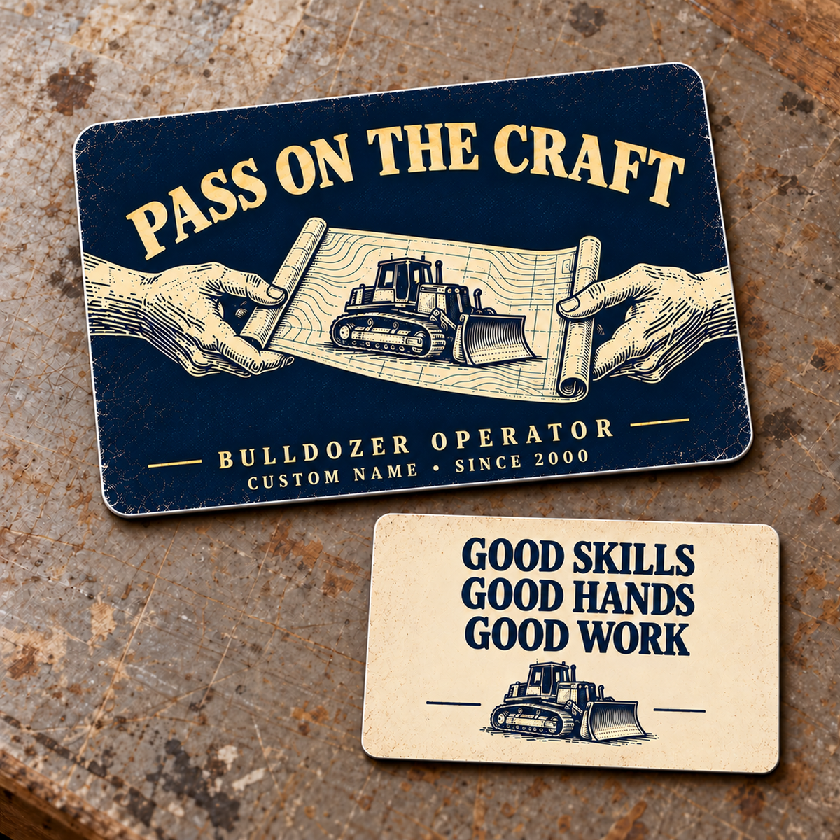 Bulldozer Operator Pass on the Craft Aluminum Wallet Card – product view with CUSTOM NAME and SINCE 2000