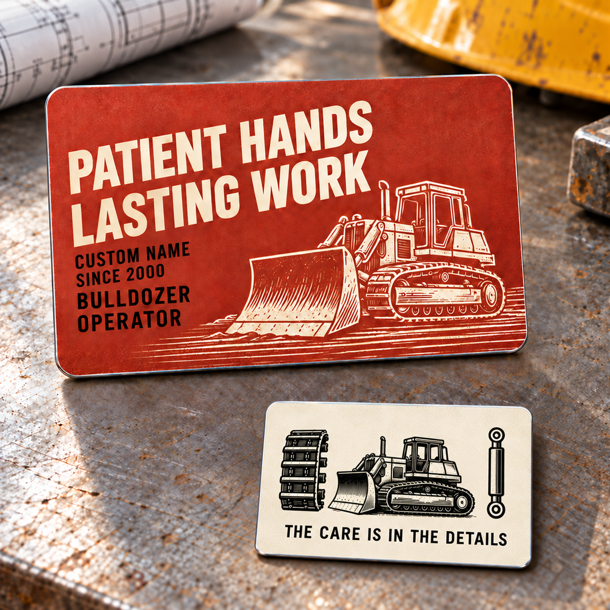 Bulldozer Operator Patient Hands Aluminum Wallet Card – product view with CUSTOM NAME and SINCE 2000