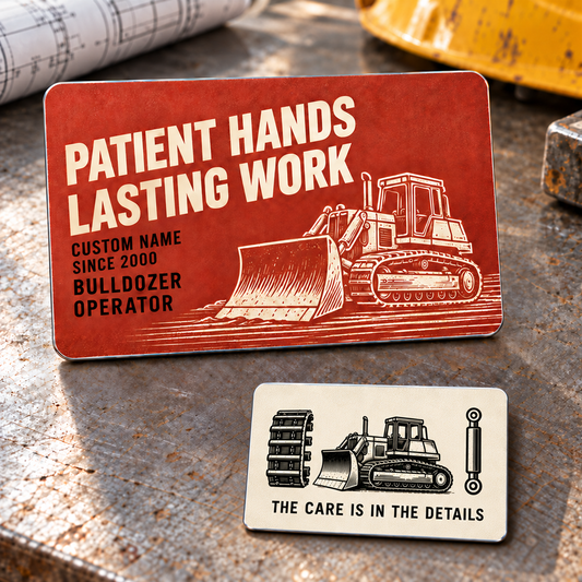 Bulldozer Operator Patient Hands Aluminum Wallet Card – product view with CUSTOM NAME and SINCE 2000