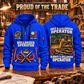 Bulldozer Operator Proud of the Trade Quarter-Zip Hoodie in Blue, front and back views, tracked bulldozer and hydraulic tool and track/terrain artwork with Your name and since 2005 sample text, on a warm workshop bench