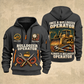 Bulldozer Operator Proud of the Trade Quarter-Zip Hoodie in Gray, front and back views, tracked bulldozer and hydraulic tool and track/terrain artwork with Your name and since 2005 sample text