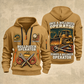 Bulldozer Operator Proud of the Trade Quarter-Zip Hoodie in Khaki, front and back views, tracked bulldozer and hydraulic tool and track/terrain artwork with Your name and since 2005 sample text