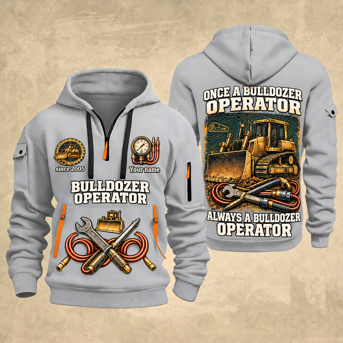 Bulldozer Operator Proud of the Trade Quarter-Zip Hoodie in Light Grey, front and back views, tracked bulldozer and hydraulic tool and track/terrain artwork with Your name and since 2005 sample text