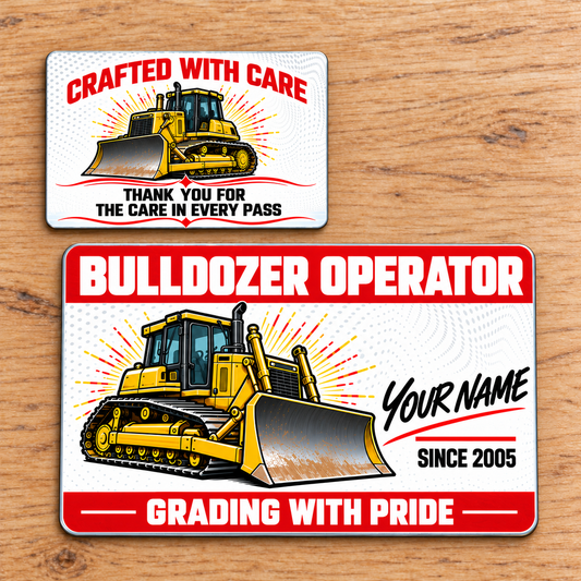 Front and reverse of the Bulldozer Operator Red Header aluminum wallet card on pale oak, with red bands, white dotted-wave artwork, yellow tracked bulldozers with front blades, illustrative name and year, and a matching thank-you reverse.
