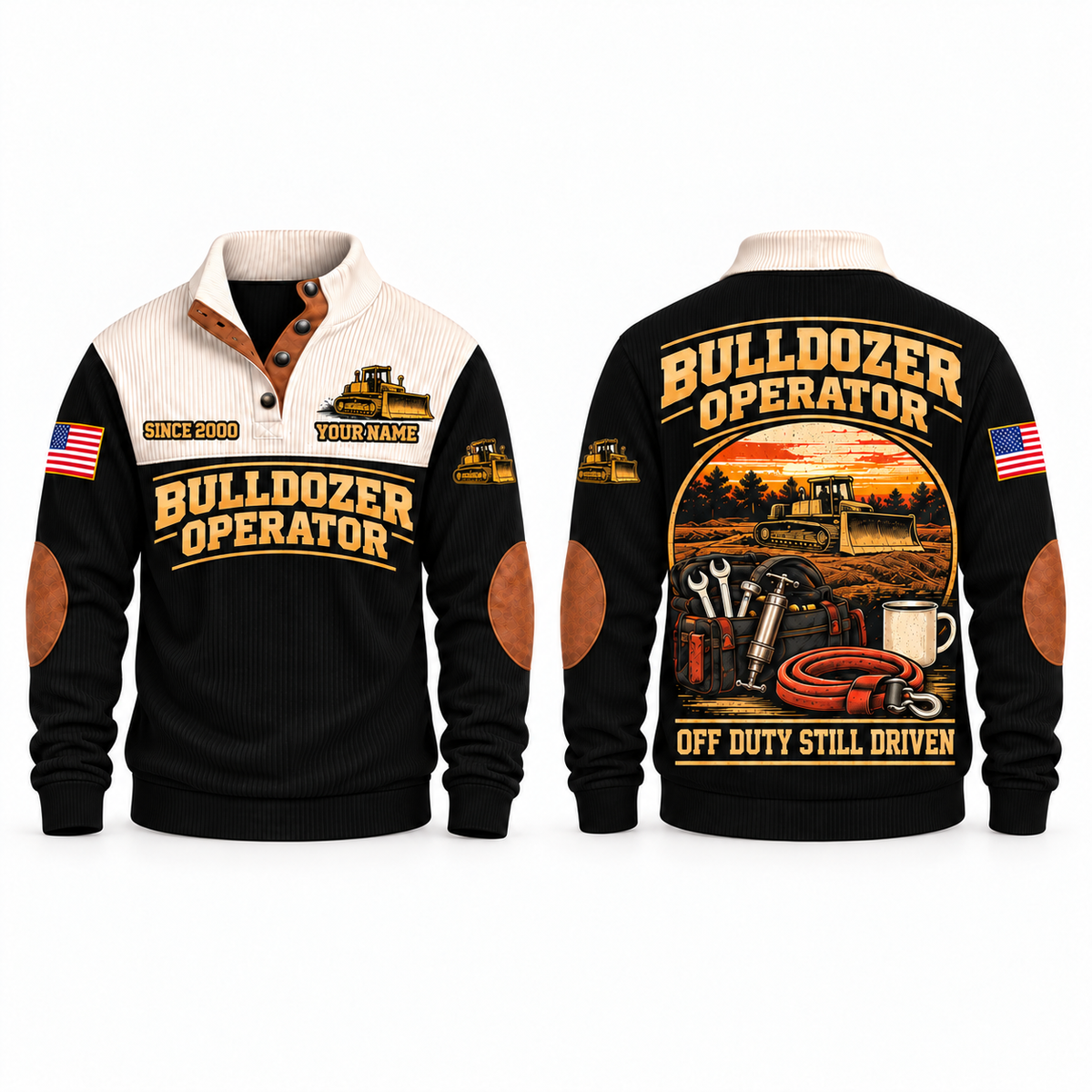 Bulldozer Operator Shift Finished Sports Sweatshirt in Black, front and back views with a parked tracked bulldozer at sunset, maintenance bag, coffee mug, rolled tow strap and Off Duty Still Driven lettering