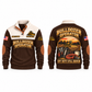 Bulldozer Operator Shift Finished Sports Sweatshirt in Brown, front and back views with a parked tracked bulldozer at sunset, maintenance bag, coffee mug, rolled tow strap and Off Duty Still Driven lettering