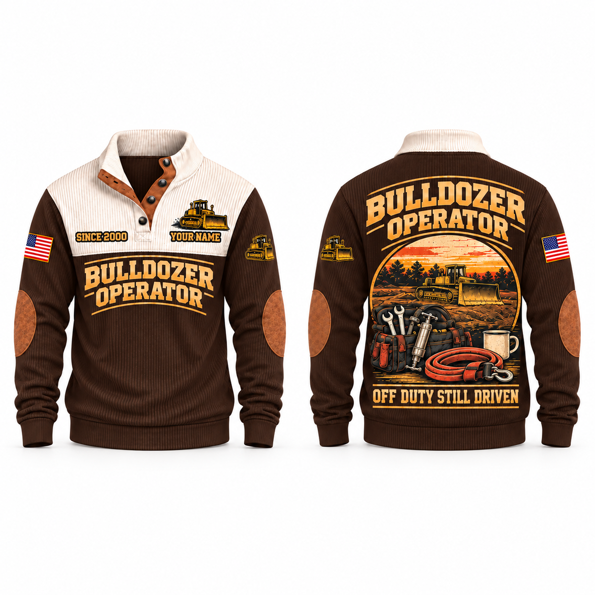Bulldozer Operator Shift Finished Sports Sweatshirt in Brown, front and back views with a parked tracked bulldozer at sunset, maintenance bag, coffee mug, rolled tow strap and Off Duty Still Driven lettering
