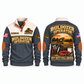 Bulldozer Operator Shift Finished Sports Sweatshirt in Grey, front and back views with a parked tracked bulldozer at sunset, maintenance bag, coffee mug, rolled tow strap and Off Duty Still Driven lettering